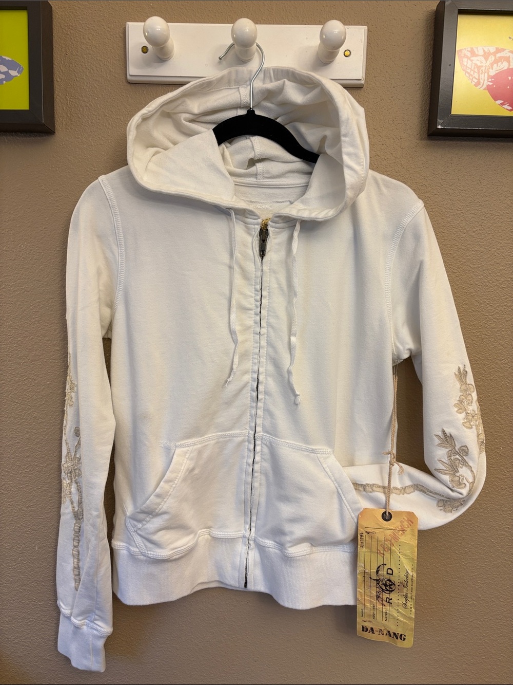 NEW! Da-Nang S White Hooded Sweatshirt Zip Jacket Tan Embroidered Sleeve Detail